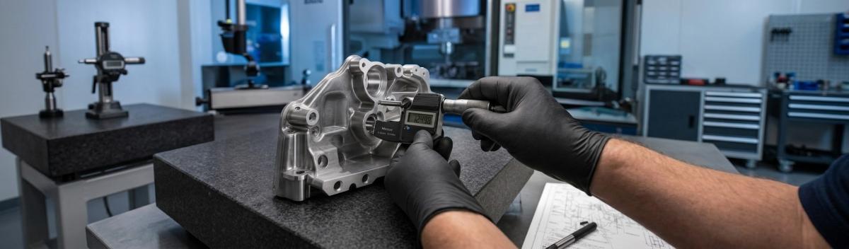 Técnico de calidad midiendo una pieza mecanizada con un instrumento de precisión para evaluar la fiabilidad de las mediciones industriales.